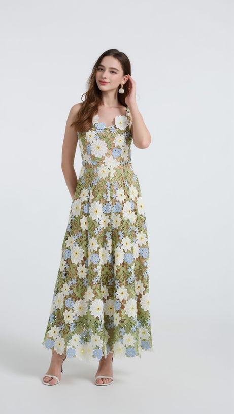 CELESTE FLORAL HOLLOW STITCHING MAXI DRESS IN GREEN