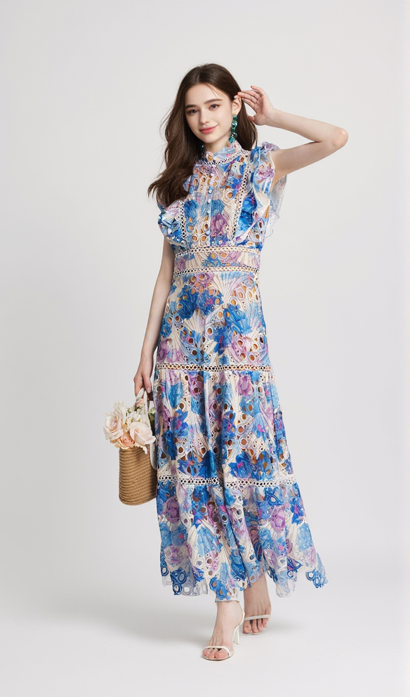 chloe hollow out flower embroidery maxi dress in blue