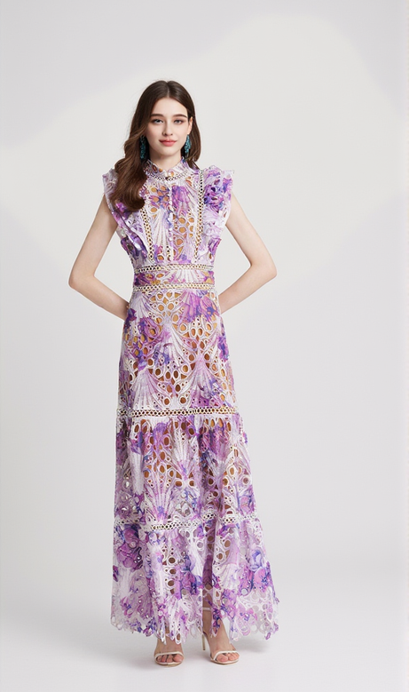 chloe hollow out flower embroidery maxi dress in purple