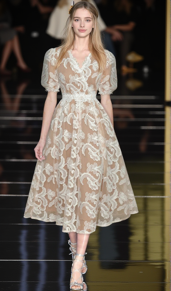 ELEGANT AND GRACEFUL MESH EMBROIDERED  MIDI DRESS