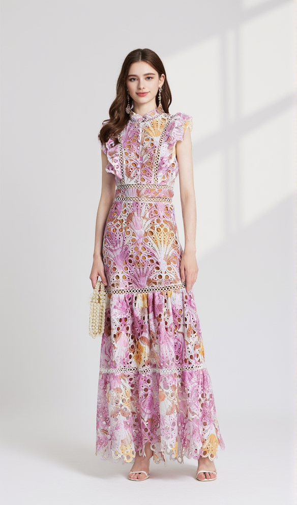 CHLOE HOLLOW OUT FLOWER EMBROIDERY MAXI DRESS IN PINK PURPLE