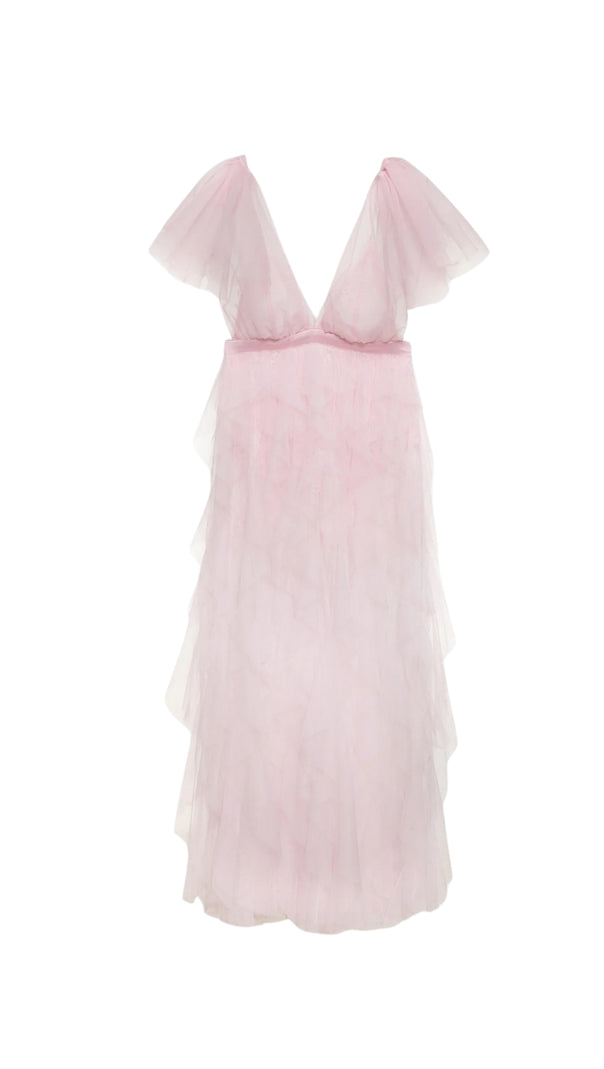 AIIZIE RUFFLE TULLE ATOP FLORAL LACE MINI DRESS IN PINK - product image