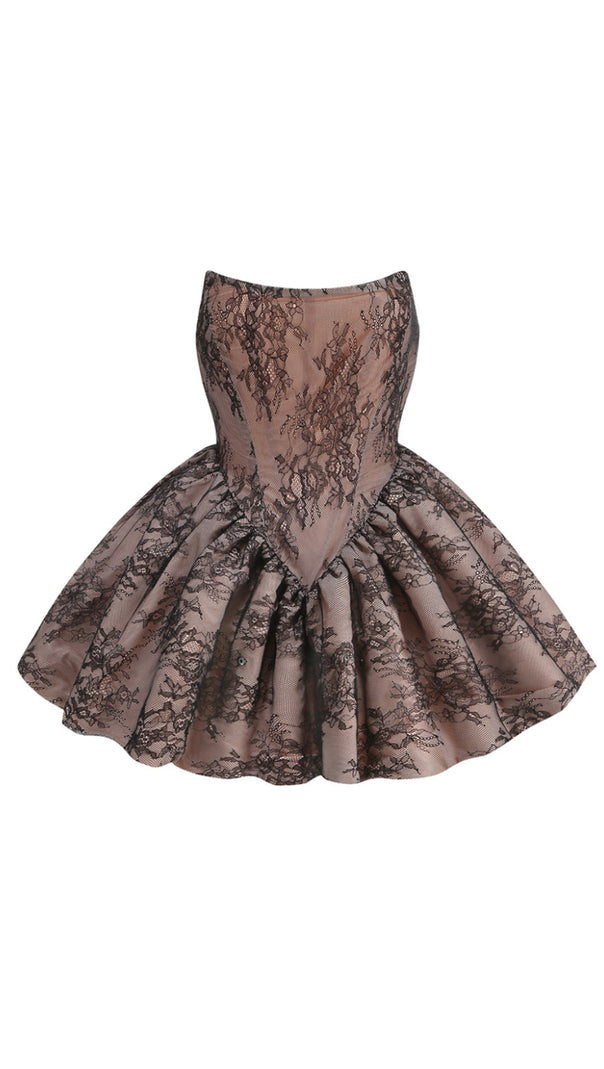 ORENTHA LACE STRAPLESS PUFF MINI DRESS