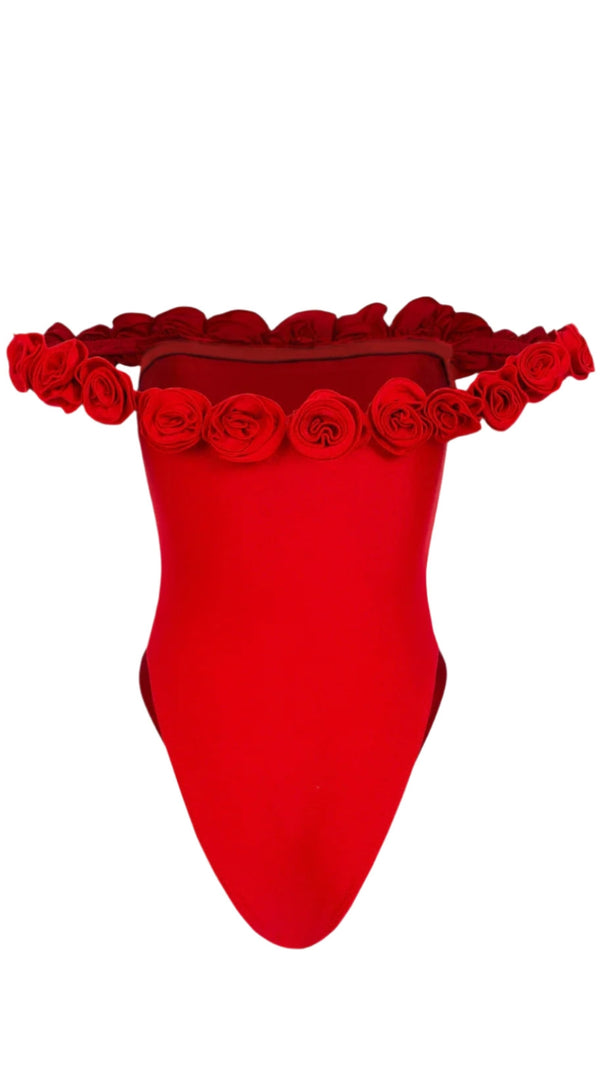 AIIZIE 3D FLOWER STRAPLESS BODYSUIT IN RED - product image