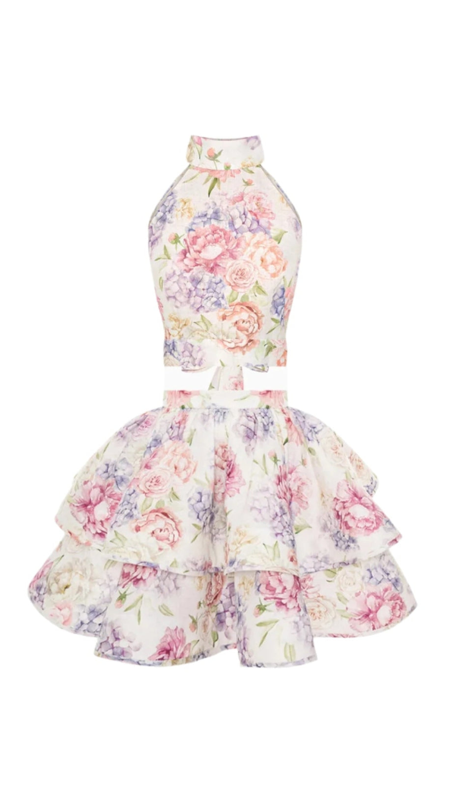 JESSICA PRINTED BACKLESS HALTER TOP SKIRT SET IN PINK