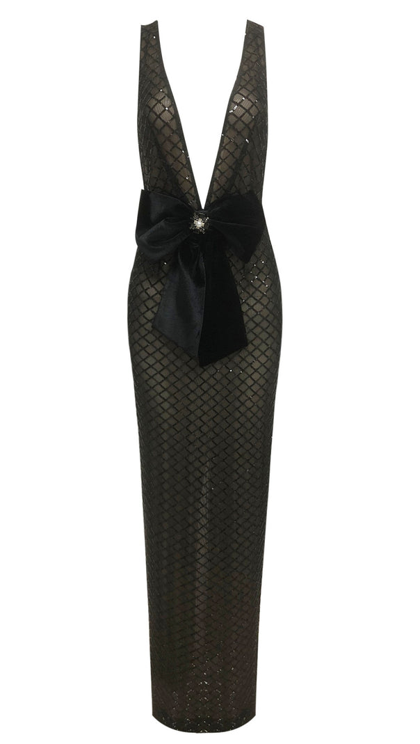 AIIZIE BOW DETAIL SEQUIN MAXI DRESS BLACK - product image