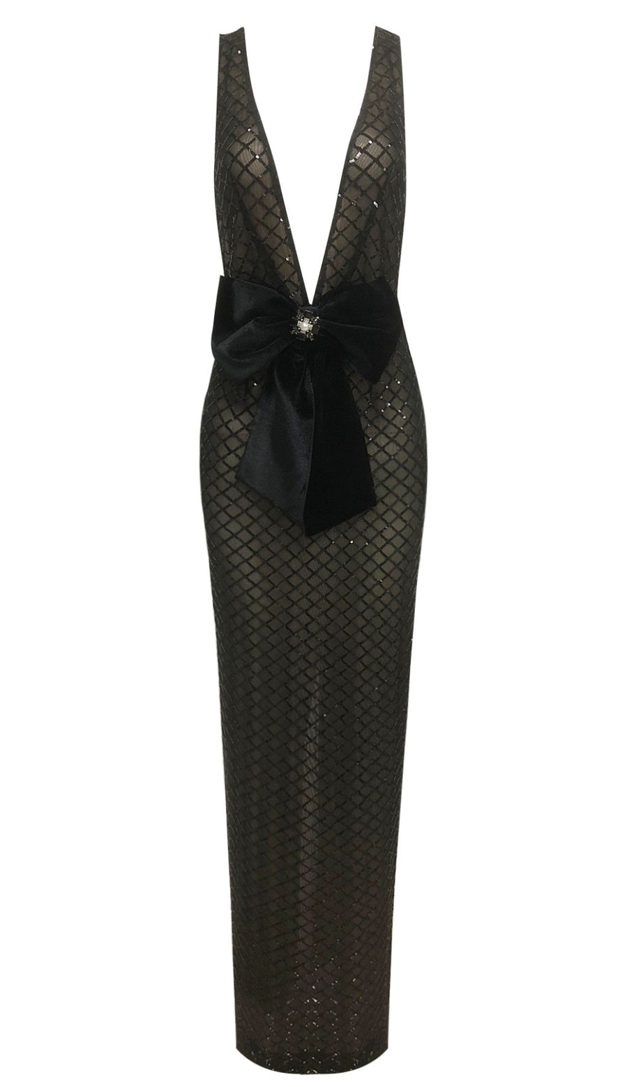 Maxikleid mit Pailletten und Schleifendetail in Schwarz