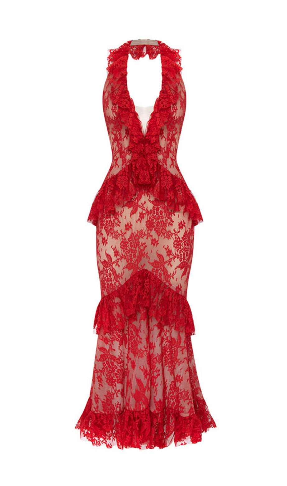 Backless lace ruffled halter neck red midi dress