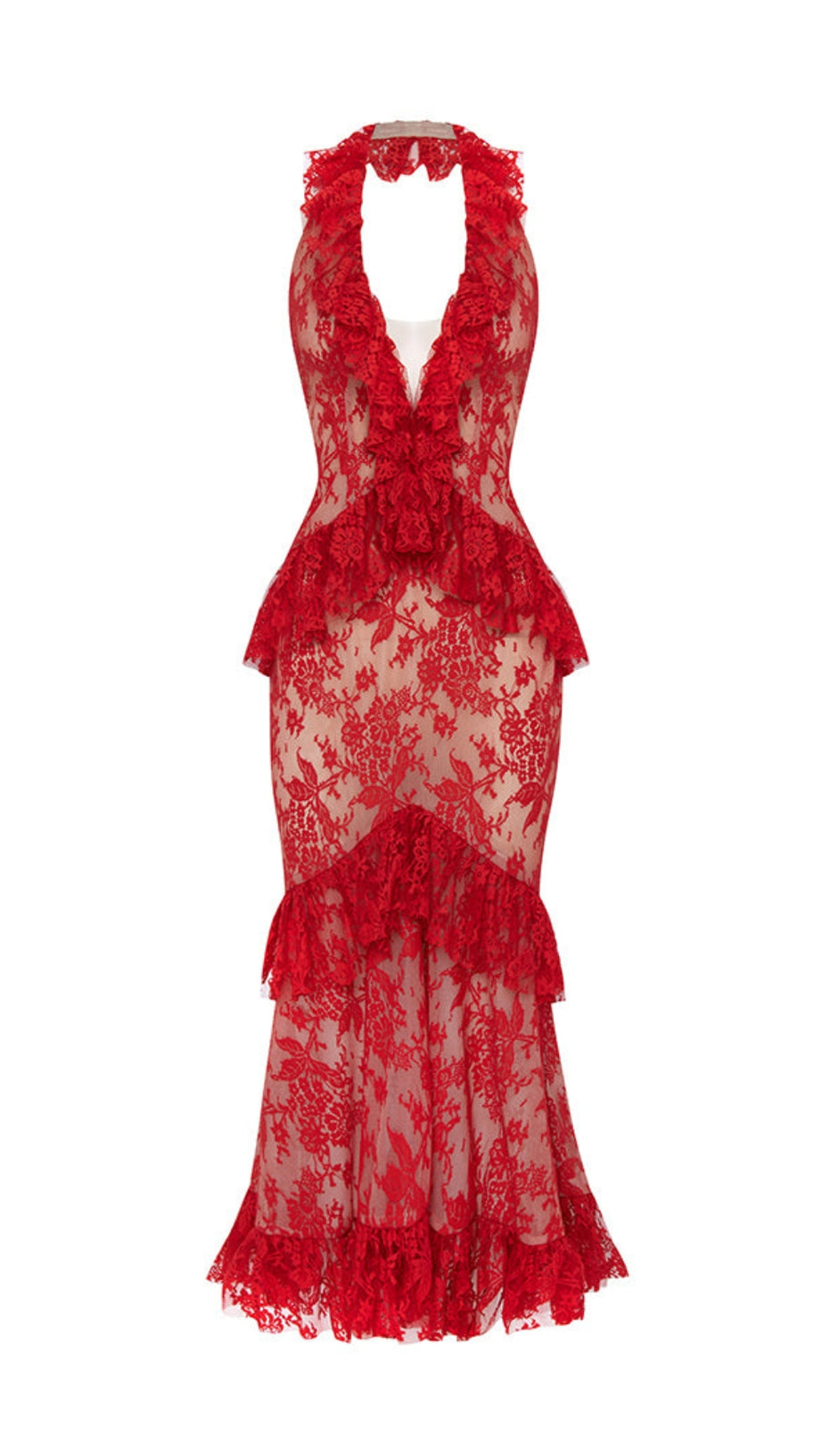 BACKLESS LACE RUFFLED HALTER NECK RED MIDI DRESS