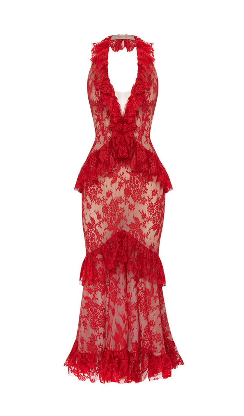 BACKLESS LACE RUFFLED HALTER NECK RED MIDI DRESS