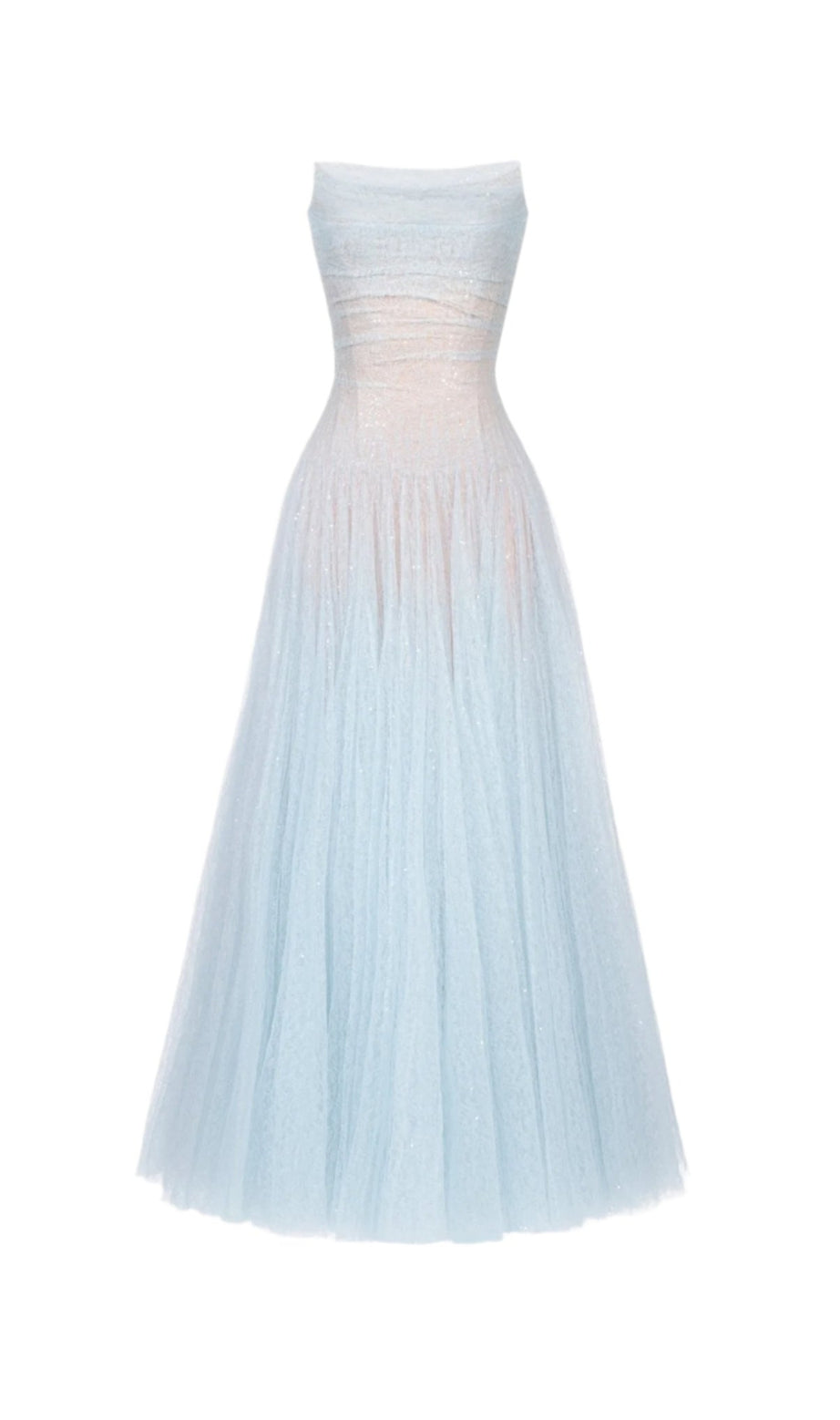 Abito lungo in pizzo drappeggiato Carol in blu