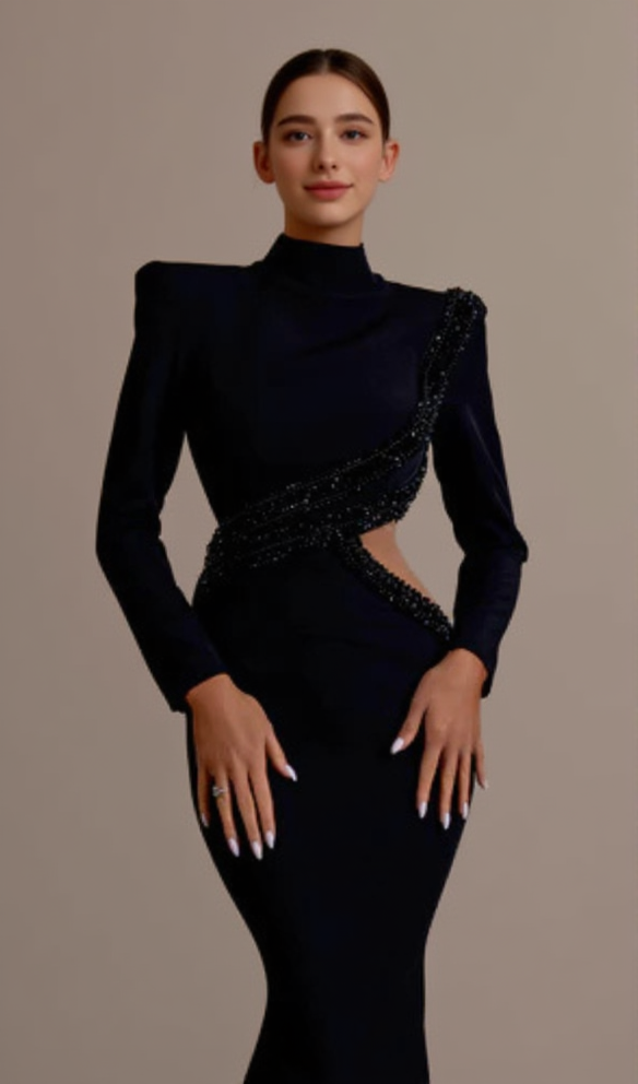 AIIZIE ANGELA CUT OUT DIAMOND BANDAGE BODYCON MAXI DRESS IN BLACK - product image