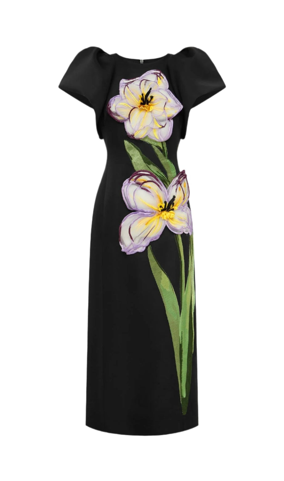 Iris Print Appliqué Floral Maxi Dress in Ebony