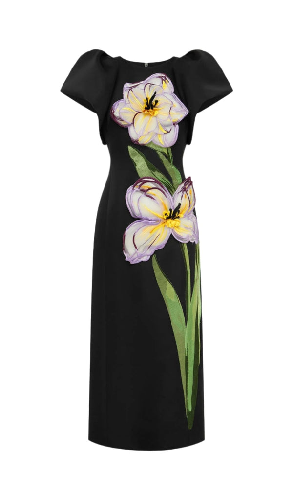 Iris Print Appliqué Floral Maxi Dress in Ebony