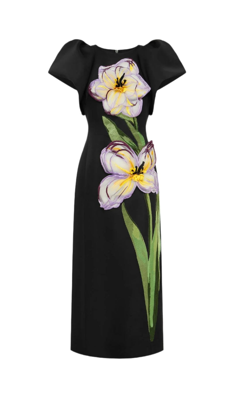 Iris Print Appliqué Floral Maxi Dress in Ebony