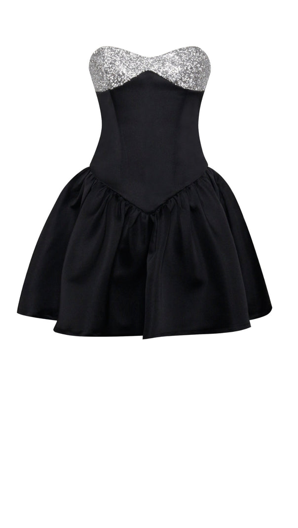 AIIZIE BLACK SATIN CRYSTAL MINI DRESS - product image