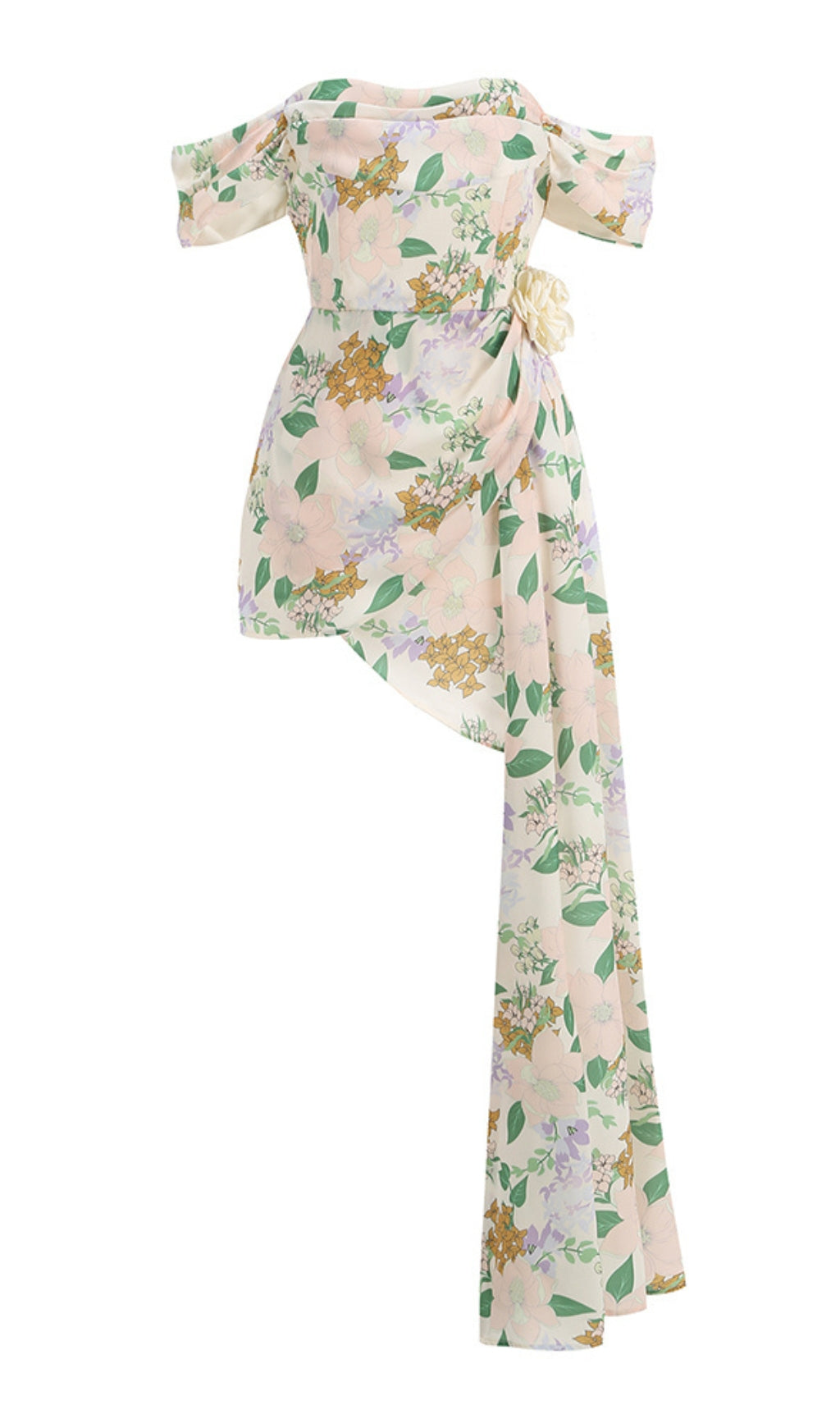 Asymmetrisches Minikleid mit Blumenmuster und schulterfreiem Schnitt