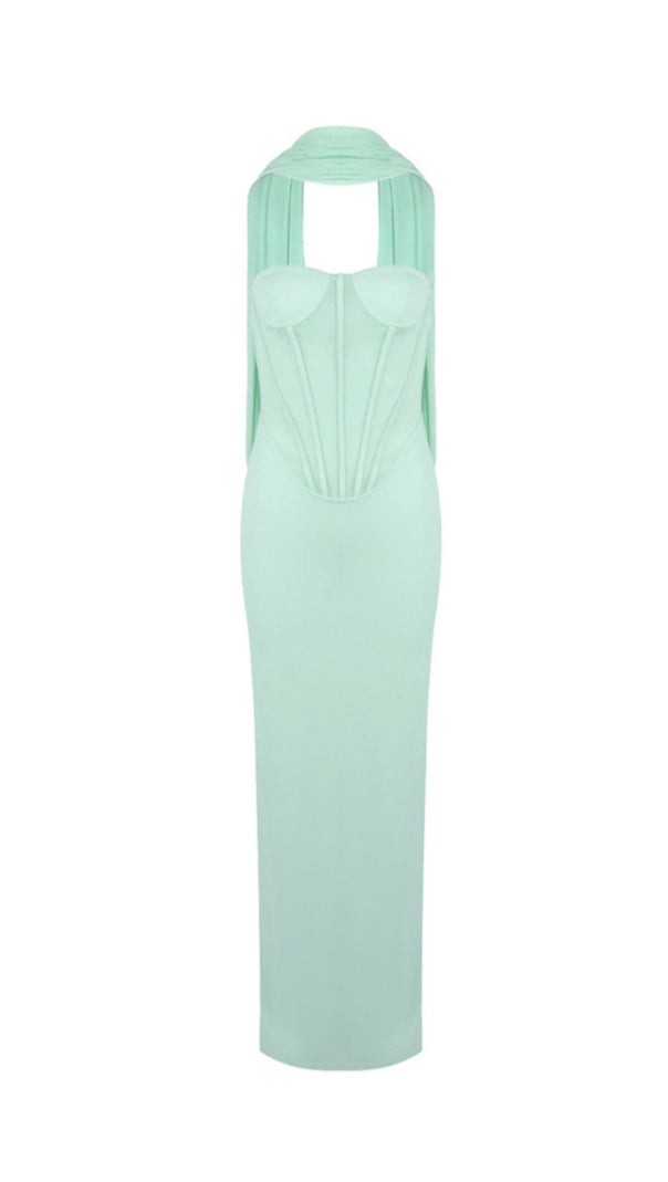 AIIZIE ANNA STRAPLESS MESH SCARF CORSET MAXI DRESS IN GREEN - product image