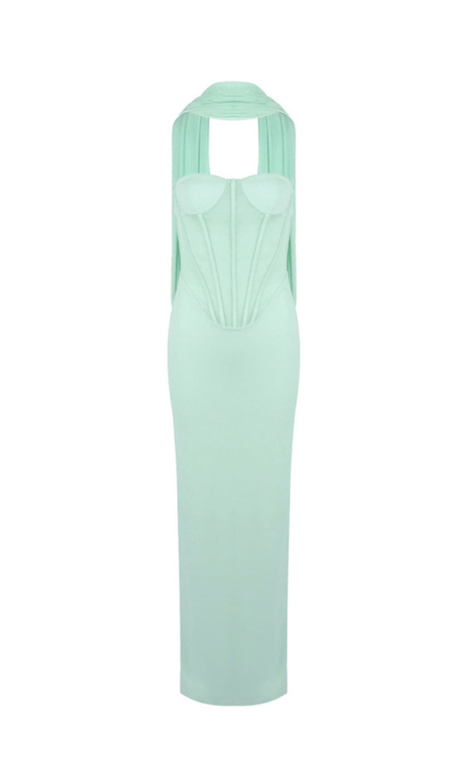 Abito lungo con corsetto e sciarpa in rete senza spalline anna in verde