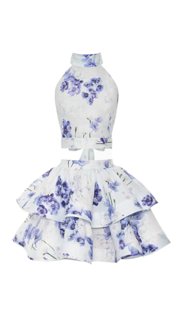 AIIZIE JESSICA PRINTED BACKLESS HALTER TOP SKIRT SET IN BLUE - product image