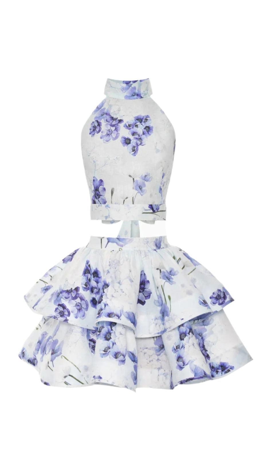 JESSICA PRINTED BACKLESS HALTER TOP SKIRT SET IN BLUE