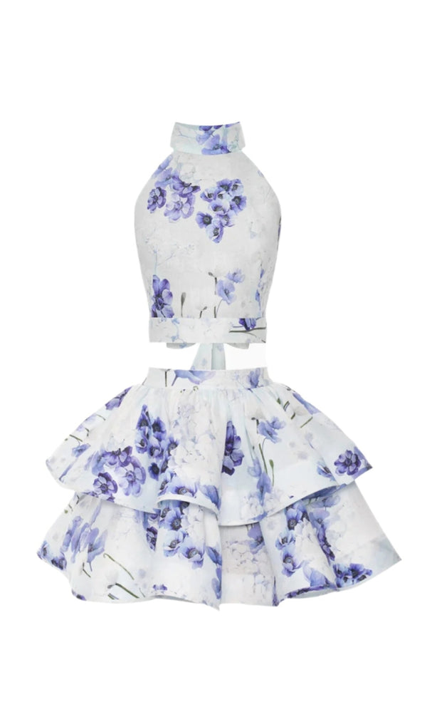 jessica printed backless halter top skirt set in blue