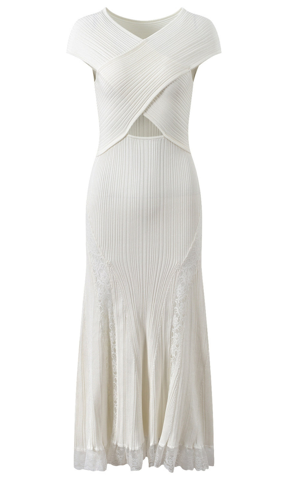 White Knit Lace Insert Midi Dress