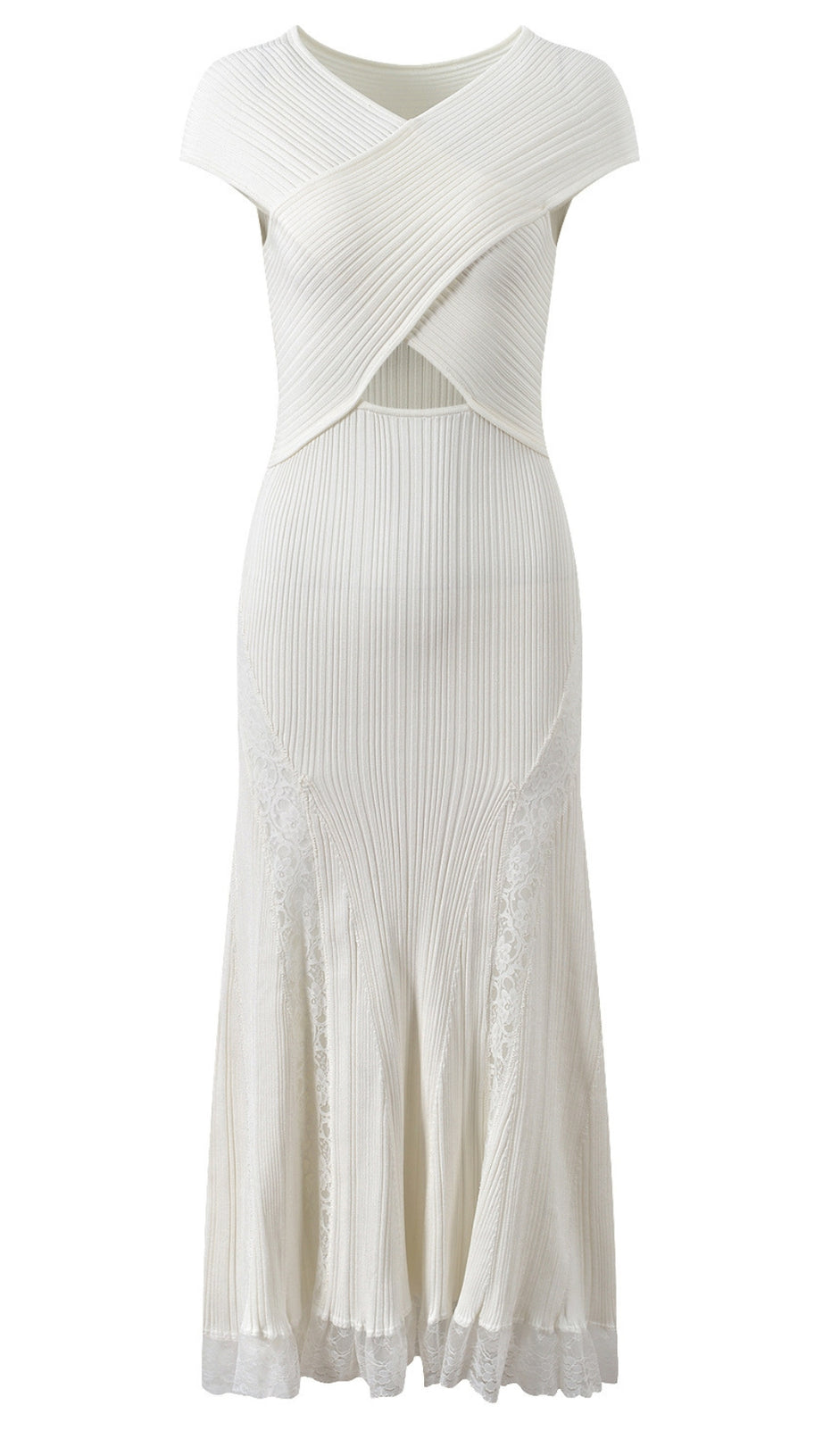 WHITE KNIT LACE INSERT MIDI DRESS