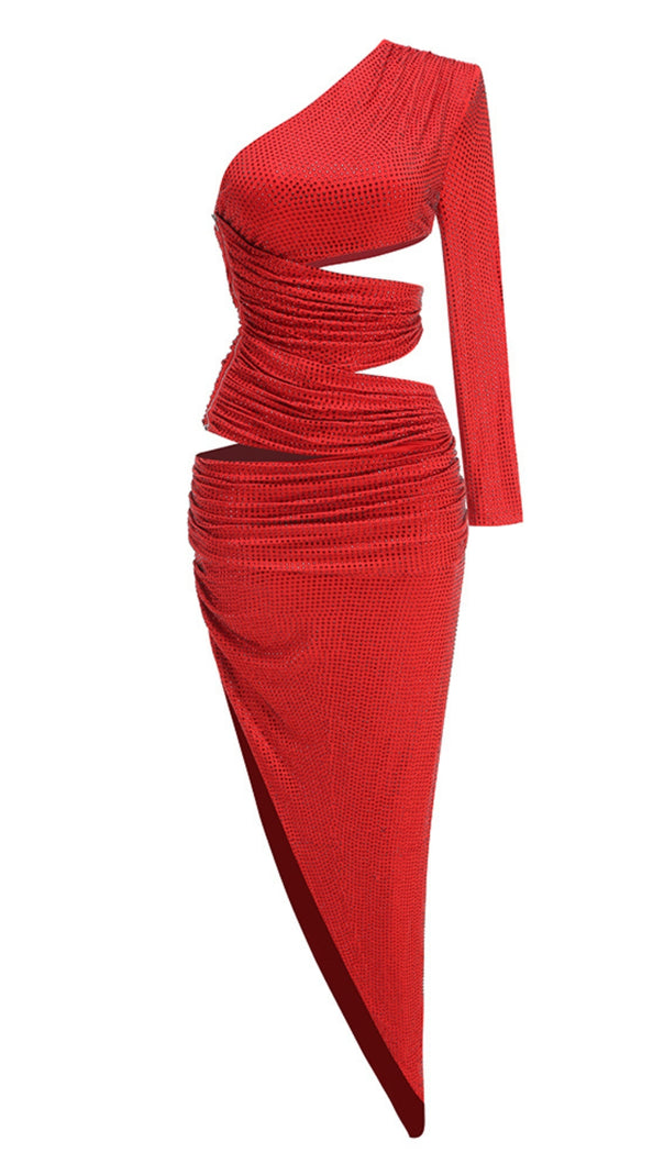 AIIZIE ONE-SHOULDER HOT DIAMOND HOLLOW IRREGULAR SLIT RED MAXI DRESS - product image
