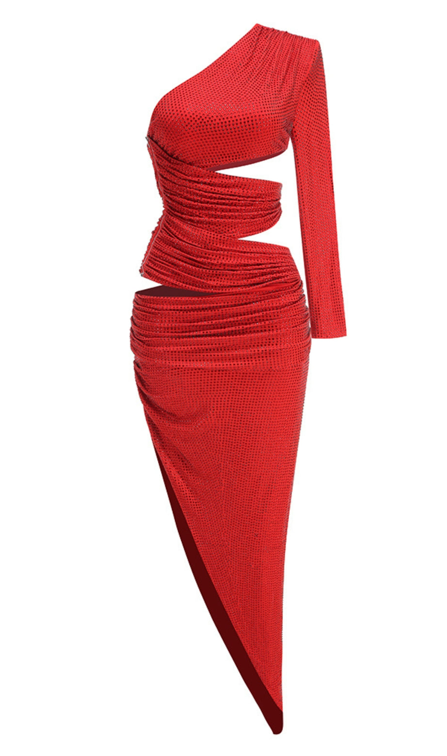One-shoulder hot diamond hollow irregular slit red maxi dress