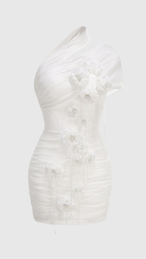 AIIZIE HAZEL ONE SHOULDER FLORAL MESH RUCHED MINI DRESS IN WHITE - product image