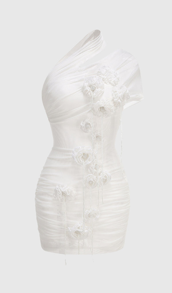 hazel One Shoulder Floral Mesh Ruched Mini Dress in white