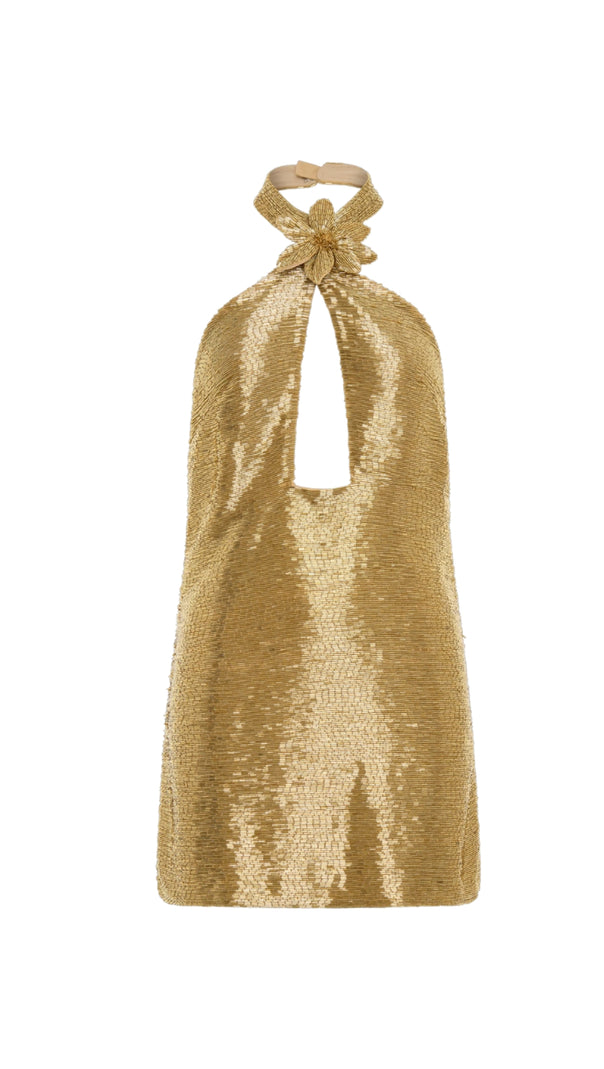 AIIZIE EVELYN BEADED HALTER MINI DRESS IN GOLD - product image