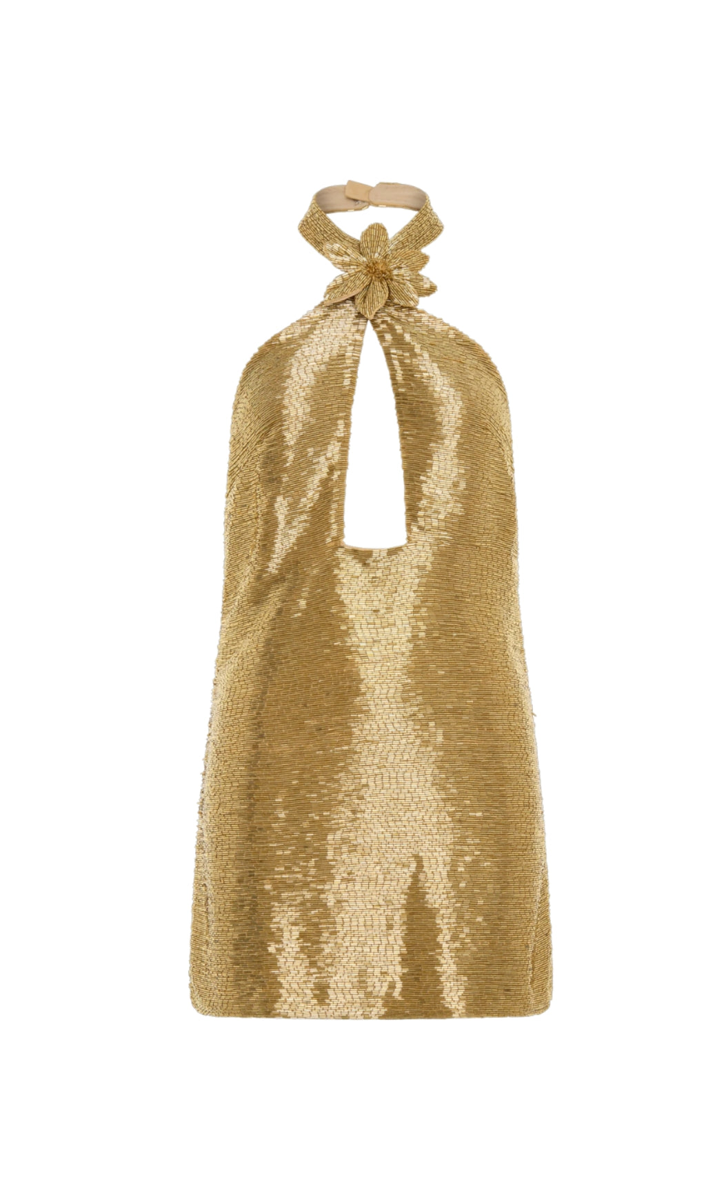 Evelyn – Perlenbesetztes Neckholder-Minikleid in Gold