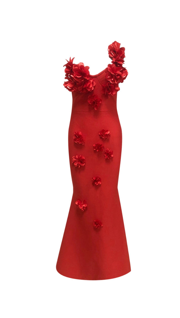 AIIZIE CANDICE ONE-SHOULDER FLOWER BODYCON MAXI DRESS IN RED - product image