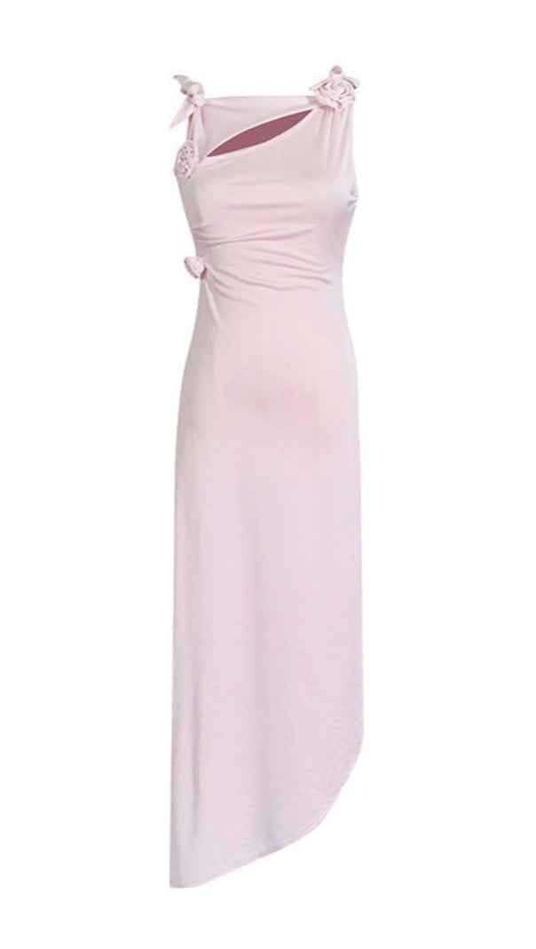 AIIZIE 3D FLOWER ASYMMETRIC SATIN SLIT GOWN IN PINK - product image