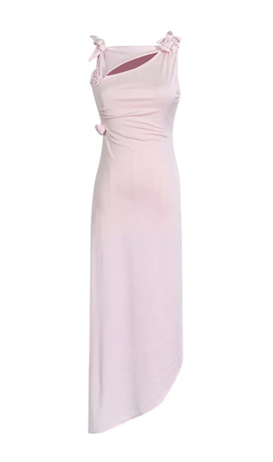 Asymmetrisches Satinkleid mit Schlitz und 3D-Blumen in Rosa