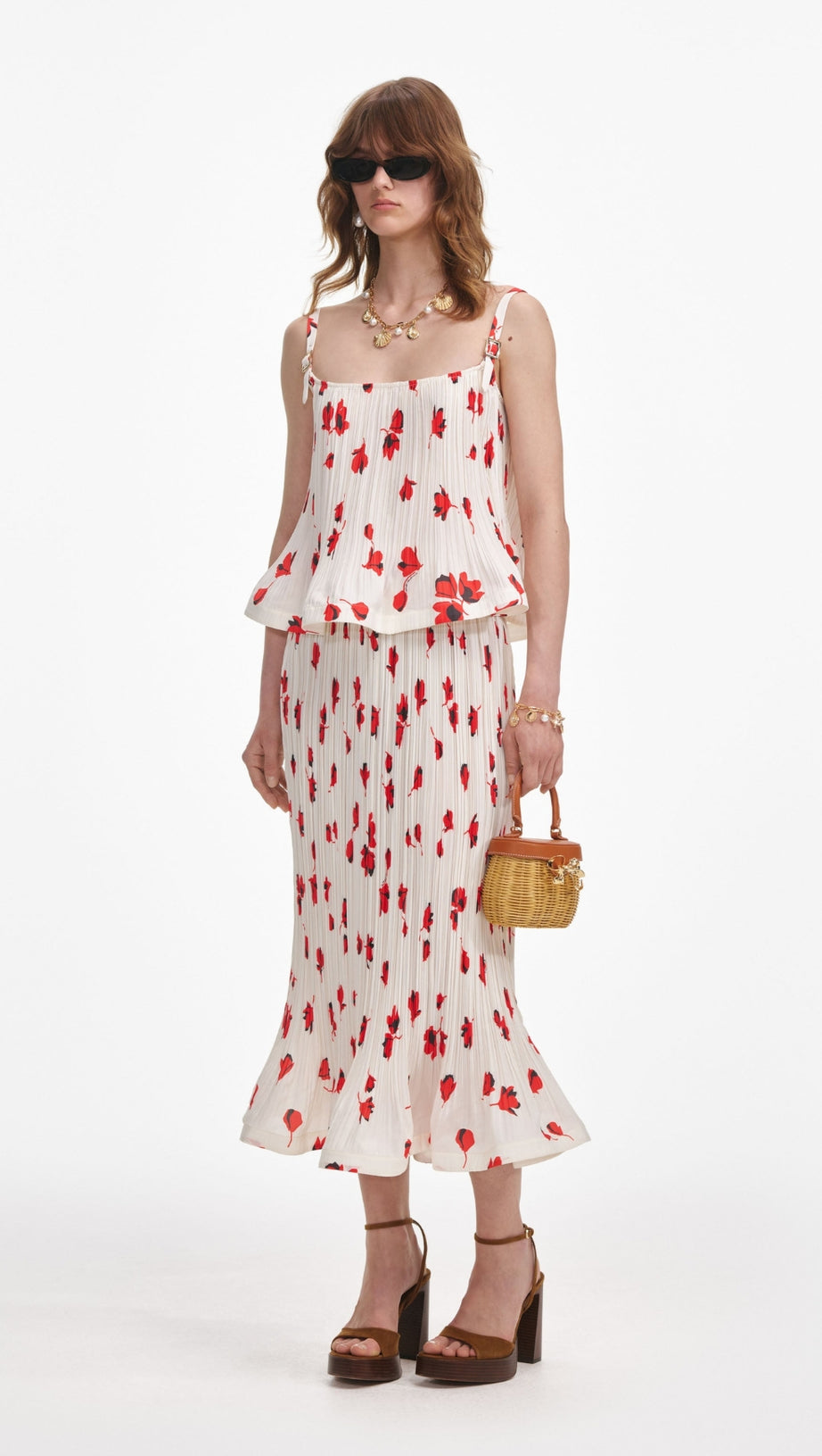 Weißer Plissee-Midirock mit Blumenmuster