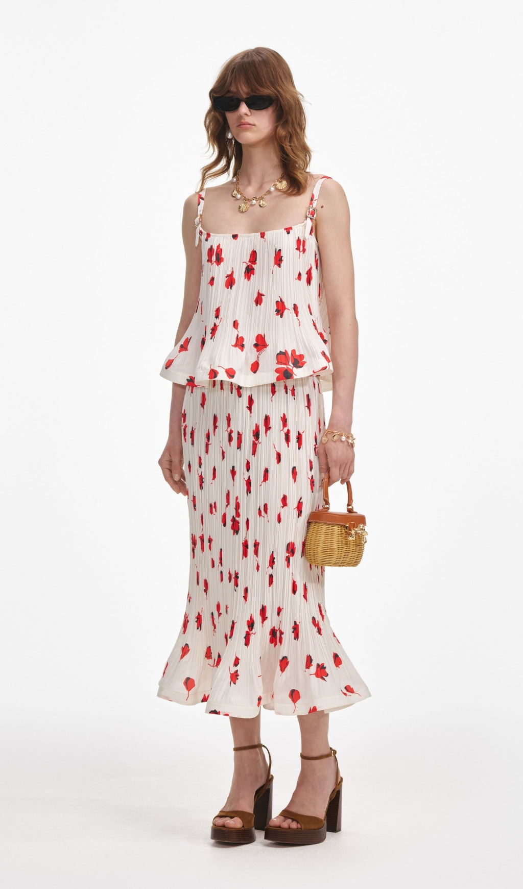 Weißer Plissee-Midirock mit Blumenmuster