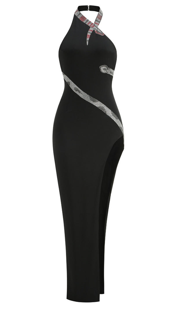 AIIZIE SNAKE STRAP CRYSTAL MAXI DRESS BLACK - product image