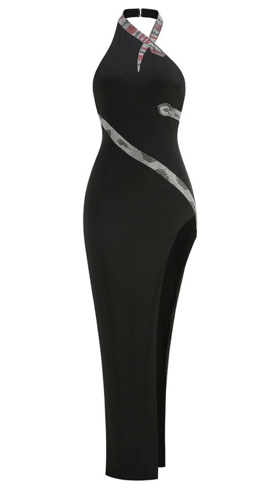 SNAKE STRAP CRYSTAL MAXI DRESS BLACK