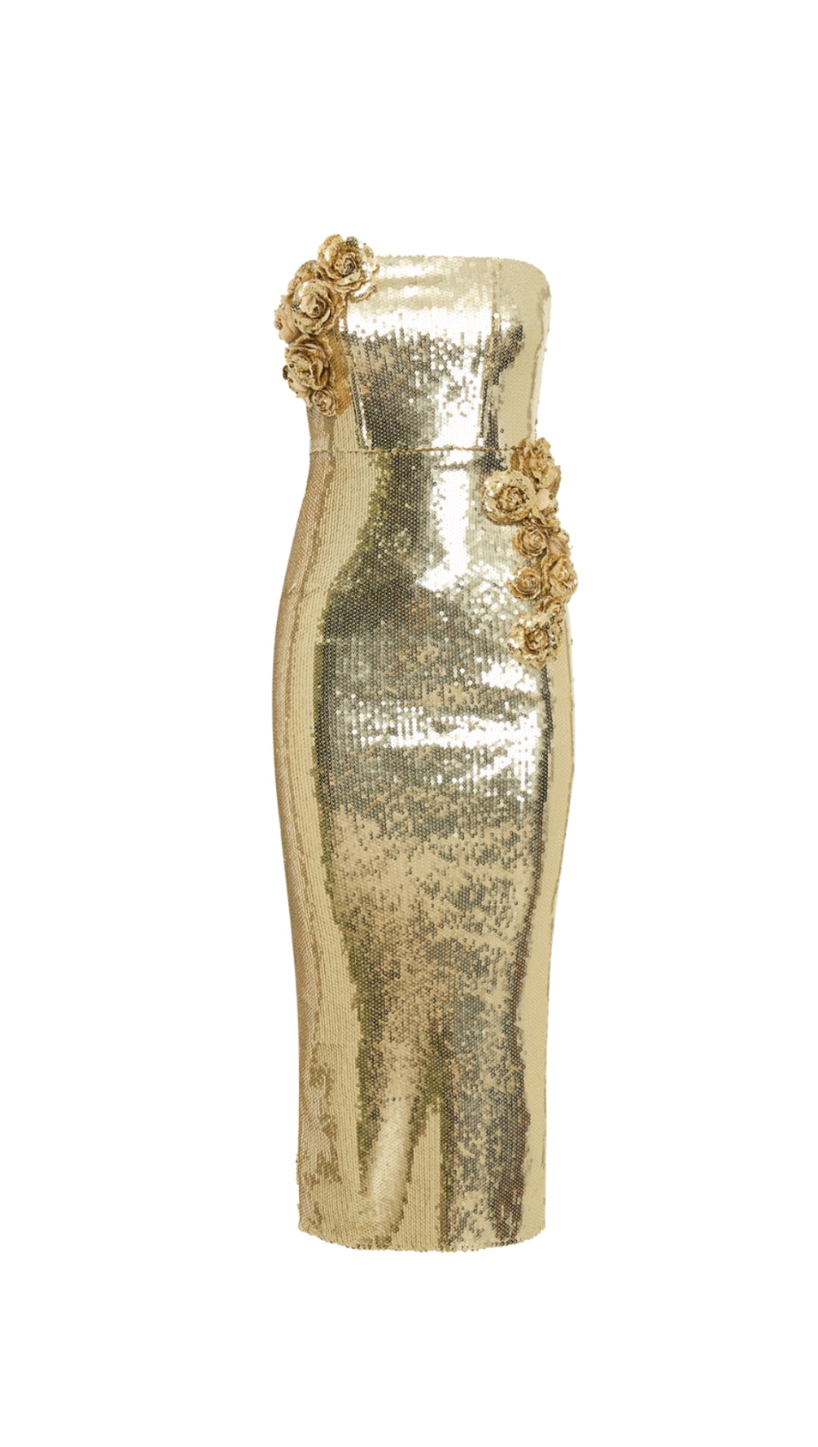 ALISA STRAPLESS SEQUIN ROSE MIDI DRESS IN GOLD