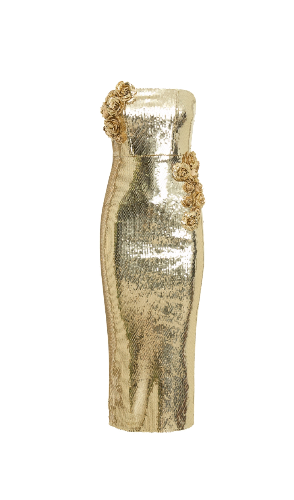 ALISA STRAPLESS SEQUIN ROSE MIDI DRESS IN GOLD