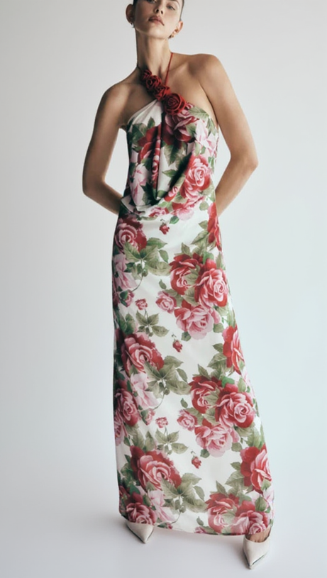 MULTICOLOR FLORAL HALTERNECK HIGH COLLAR MAXI DRESS