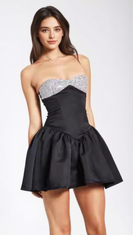 MINI ABITO IN RASO NERO CON CRISTALLI