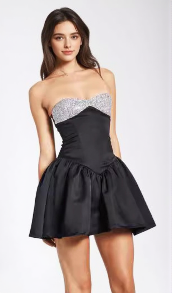 AIIZIE BLACK SATIN CRYSTAL MINI DRESS - product image