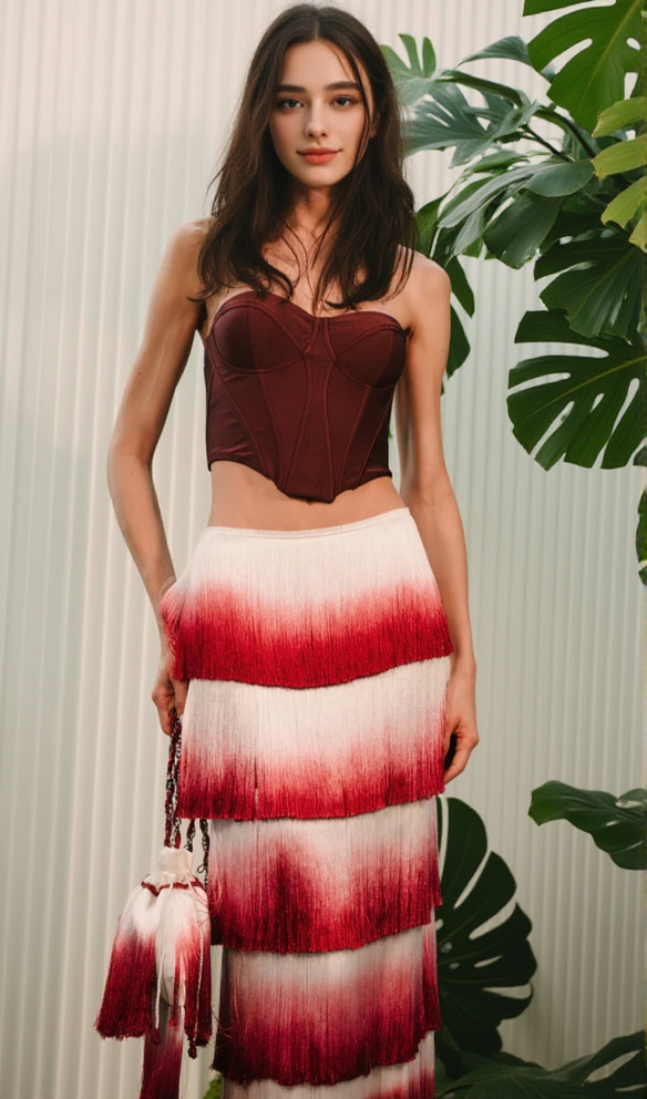 AIIZIE STRAPLESS TASSEL TWO PIECE MAXI DRESS BURGUNDY - product image