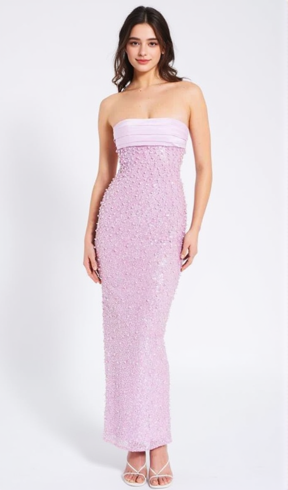 PINK SATIN SEQUIN PEARLS BEADED MAXI DRESS