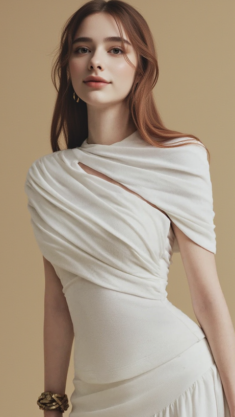 CASSIA – Asymmetrisches Midirock-Set mit gerüschtem Oberteil in Weiß