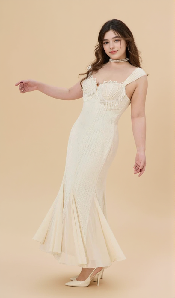 atalanta embellished flared midi dress in cream-white